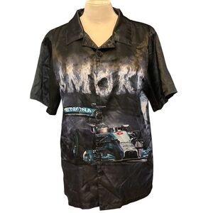 Copper Rivet Satin Men's Black Racing Graphic Shirt - thread pulls